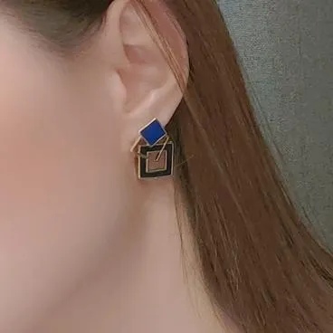Vintage Style Large Blue Square Motif Invisible Clip On Earrings