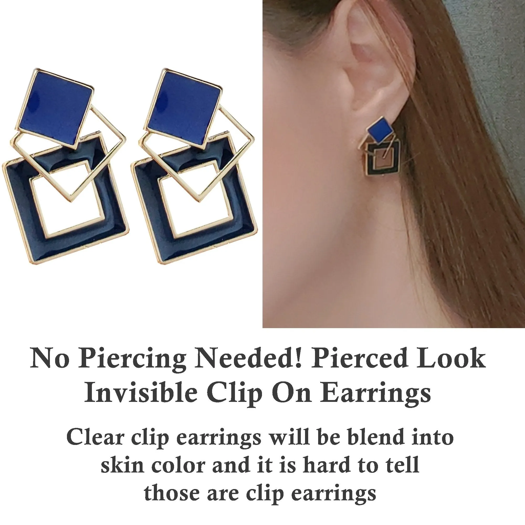 Vintage Style Large Blue Square Motif Invisible Clip On Earrings