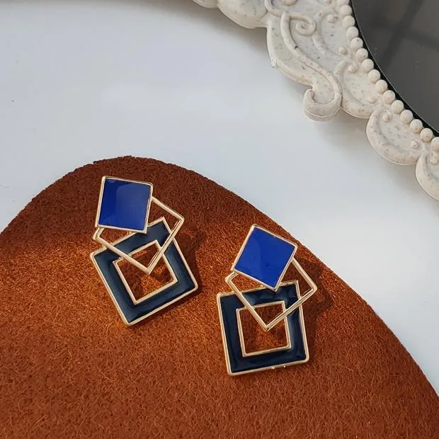 Vintage Style Large Blue Square Motif Invisible Clip On Earrings