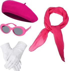 Women Girls French Themed Party Beret Hat Chiffon Scarf Gloves Retro Oval Sunglasses Fancy Dress Costume Set
