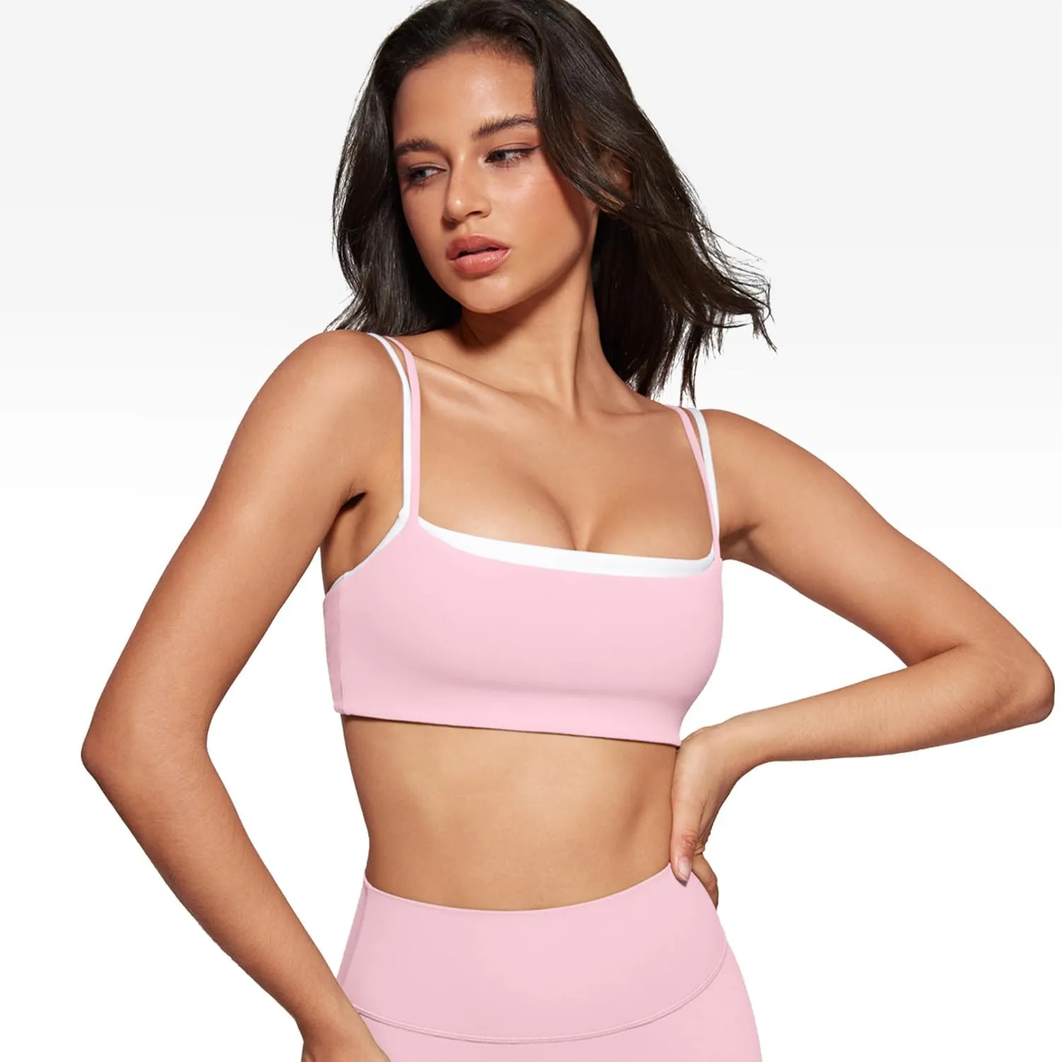 Women's Square Neck Sports Bra Spaghetti Strap Padded Cami Yoga Wireless Square Back Workout Bra Crop Top