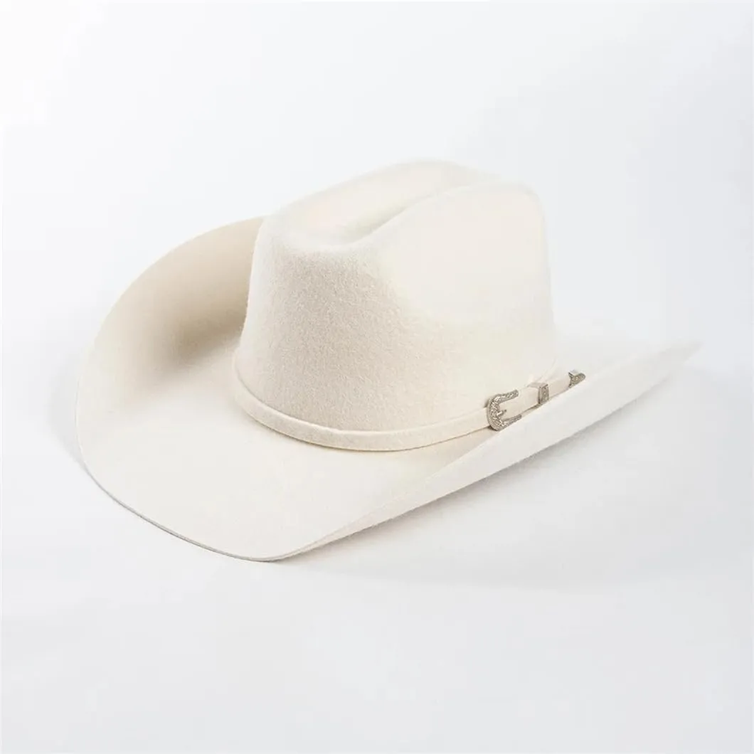 Womens Wool Concave Shape Top Hat Belt Buckle Woolen Curling Wide Brim Fedora Unisex Western Caps