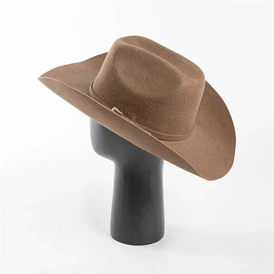 Womens Wool Concave Shape Top Hat Belt Buckle Woolen Curling Wide Brim Fedora Unisex Western Caps