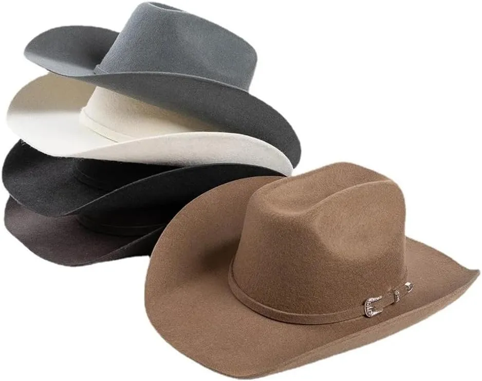 Womens Wool Concave Shape Top Hat Belt Buckle Woolen Curling Wide Brim Fedora Unisex Western Caps