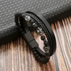Wrap Bracelet Leather Mens Stack Bead Skull