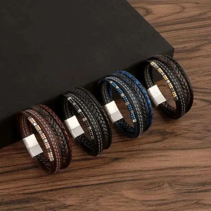 Wrap Bracelet Leather Mens Stack Lava Bead Braid