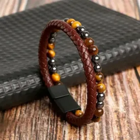 Wrap Bracelet Leather Mens Stack Tiger Eye Braid Twist