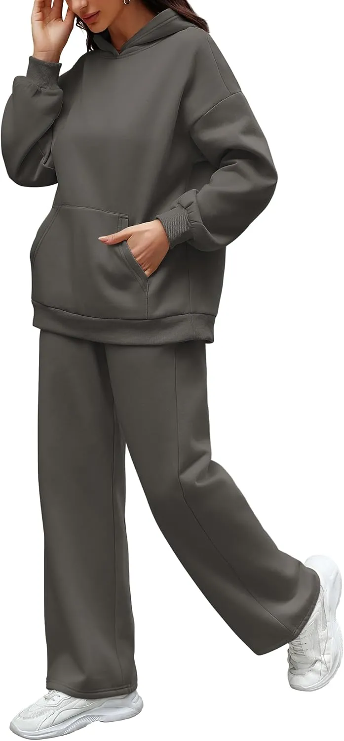 XIEERDUO Womens 2 Piece Outfits 2024 Sweatsuit Set Track Suits Oversized Hoodie Sweatshirts Wide Leg Sweatpants with Pockets