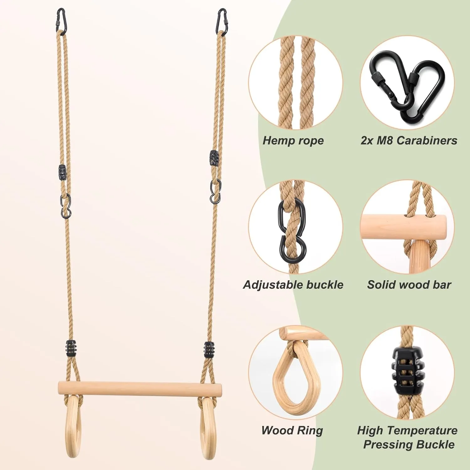 YAERSI Children's Trapeze Swing Bar with Wooden Gym Rings,Trapeze Bar for Swing Set Water Drop