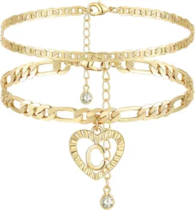 YANODA Initial Ankle Bracelets for Women 14K Gold Plated Layered Figaro Chain Letter Initial Anklets Handmade Layered Heart Ankle Bracelets Personalized Jewelry for Women