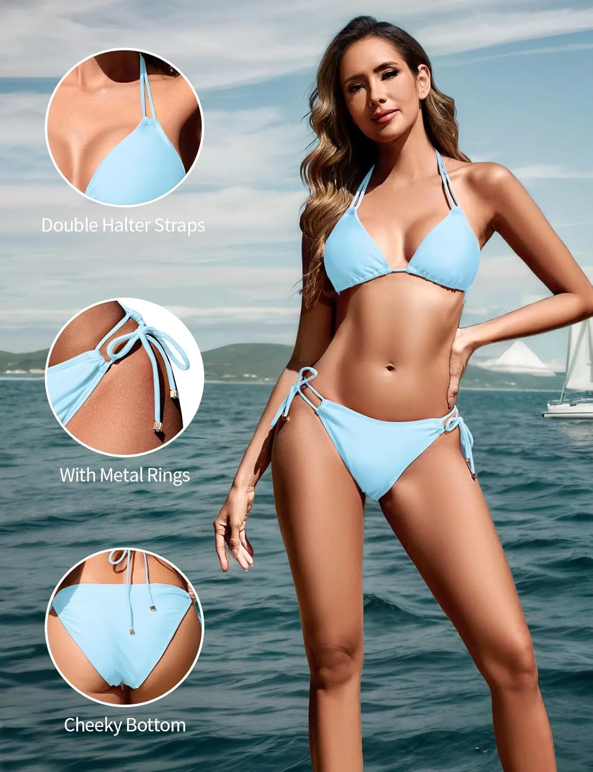 Zilcremo Women Two Piece Bikini Swimsuit Double Strap Cheeky Bathing Suit Halter String Bikini Sets